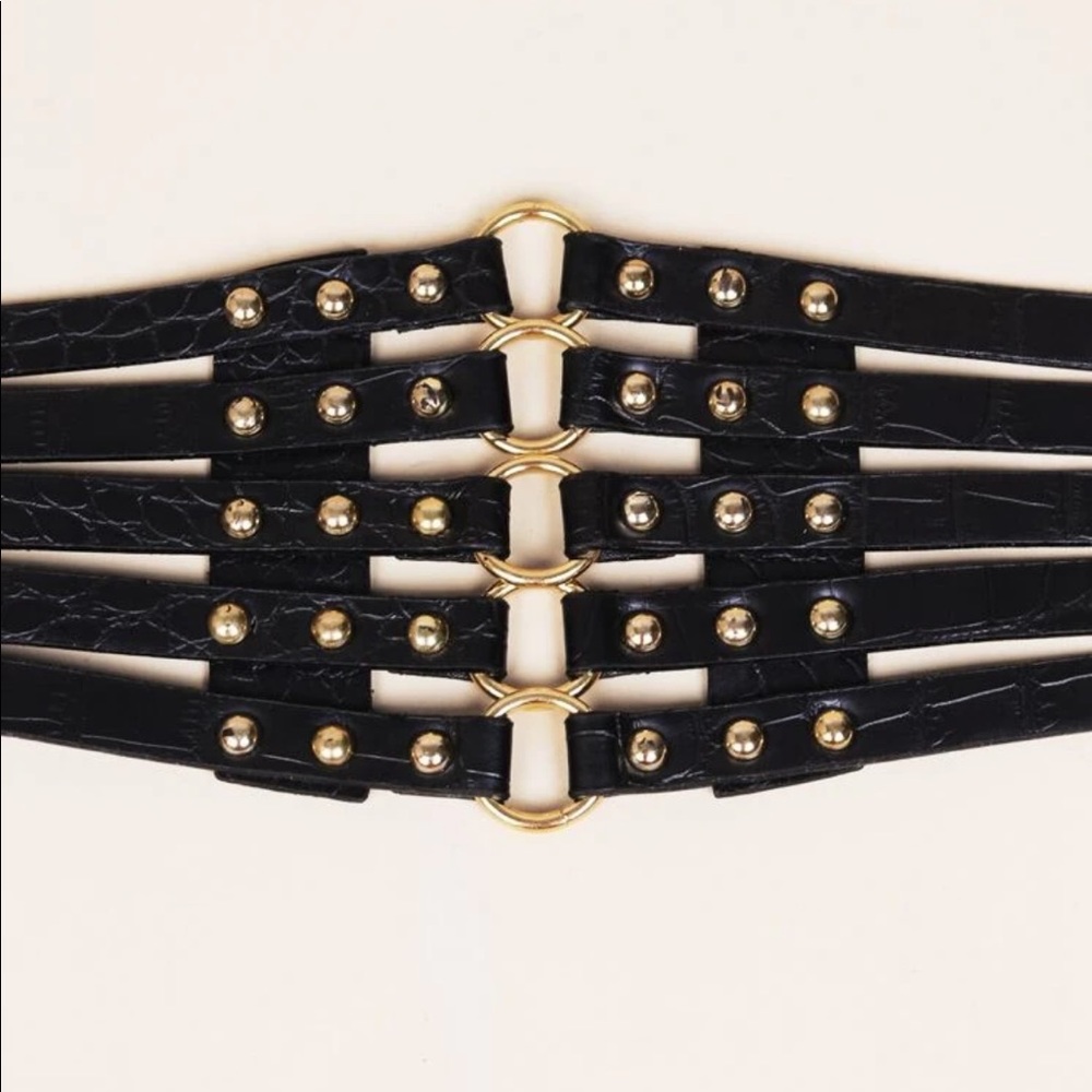 Last one! Black Cage faux leather wide Belt gold hardware - Picture 3 of 8
